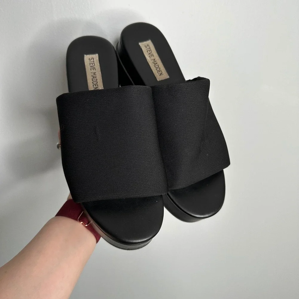Steve Madden Platform Slide Sandals Womens 8 Black Good Y2K Chunky Flatforms